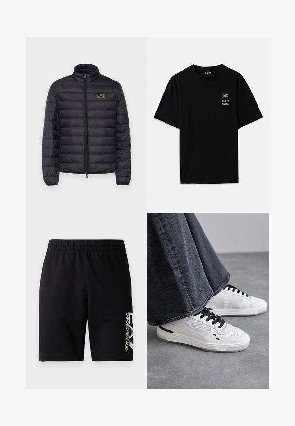 Must mustärikas kootud jakk kõrge kraega, horisontaalse avaga, lukuga ning vasakul rinnal kuldne logo. Üksik, kerge kangas.; Must must-habetic T-särk mustadest puuvilladest lühikeste varrukatega, ümar kaelus ja väike logo silt ees, mis sisaldab hooldusmärke valgena.; EA7 Emporio Armani TRAIN VISIBILITY - Lühikesed püksid - black/cream; Valged sneakerid mustade paelte ja võrgukaunistustega. Omavad siledat nahast ülemist osa ja tekstureeritud kummist tallat. Kombineeritud laiade hallide teksadega.