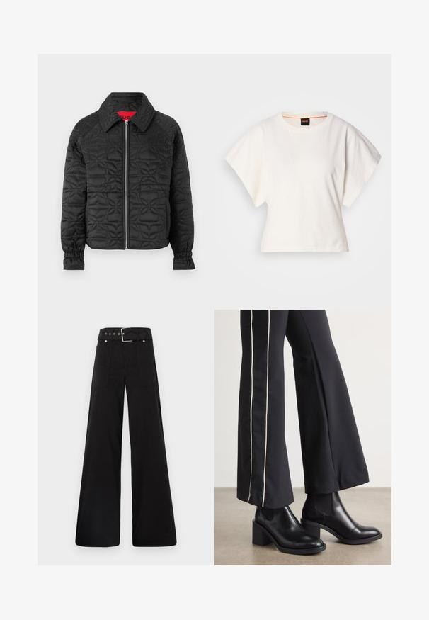 Jachetă neagră matlasată cu fermoar în față, cu guler, manșete elastice și modele florale în relief pe întreaga suprafață. Etichetă interioară roșie.; Tricou alb scurt, cu mâneci scurte și largi, din bumbac moale, cu decolteu rotund și un finisaj subtil portocaliu, design minimalist, fără modele sau grafice.; Pantaloni negri cu croială largă, confecționați din bumbac, cu talie înaltă, buzunare laterale mari și talie prevăzută cu brâu cu accente din metal argintiu.; Bocanci de piele negri până la gleznă, cu toc pătrat, având panouri elastice pe laterale. Asortați cu pantaloni negri care au o dungi albă pe lateral.