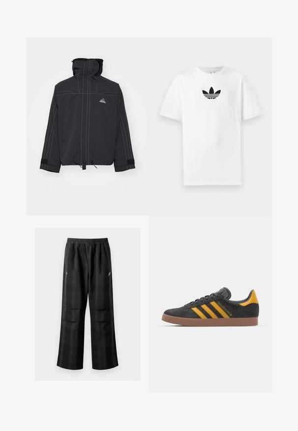 Melns veste ar augstu apkakli, baltām stitched akcentiem un logo. Iespējas regulējama apakšdaļa un aproces, izstrādāta siltumizolācijai un komfortam.; Balta kokvilnas T-kreklu ar melnu Adidas logo centrā. Īsas piedurknes un apaļas kakla izgriezums. Gluda tekstūra.; Melnas kvadrātveida bikses ar elastīgu jostu, divām priekšējām kabatām un brīvu piegriezumu ar taisnām kājām. Izgatavotas no viegla materiāla.; Melnas zamšādas kedas ar dzelteniem akcentiem, kurām ir trīs svītras un brūna gumijas zole. Iekļauta mīksta valkāšanas tongue komfortam.