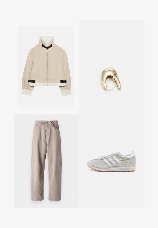 Vatteret beige jakke med en blød, hvid fleecekrave og manchetter, med en lynlås foran og sorte spændeaccentuer. To forlommer inkluderet.; Olivengrøn turtleneck sweater med kabelstrik tekstur, der har diamantmønstre og ribkant ved kanten og ærmerne.; Beige fløjlsbukser med løs pasform, der har en snor i taljen, to frontlommer og lodret ribbet tekstur.; Lys grå sneaker lavet af ruskind og mesh, med tre hvide striber, rund tå og en sål af gummirubber. Guld logo detalje nær snørebåndene.; Guldtonet metal ørering med et slankt, buet design. Har en karakteristisk spids form, poleret overflade og hængselåbning.