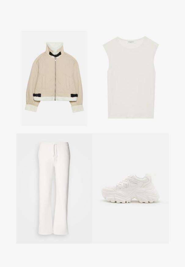 Beżowa kurtka pikowana z miękkim, białym kołnierzem i mankietami z polaru, z zamkiem błyskawicznym z przodu i czarnymi akcentami w postaci klamerek. Zawiera dwie przednie kieszenie.; Biała bezrękawnik z okrągłym dekoltem. Wykonana z gładkiego materiału, ma luźny krój i minimalistyczny design. Bez wzorów ani akcentów.; Białe, luźne spodnie dresowe wykonane z miękkiego materiału, z elastycznym paskiem w talii i prostymi nogawkami.; Białe, masywne sneakersy z teksturowaną cholewką, panelami z siateczki i grubymi gumowymi podeszwami o wyraźnym wzorze bieżnika. W zestawie sznurówki i pętla do zakupu.