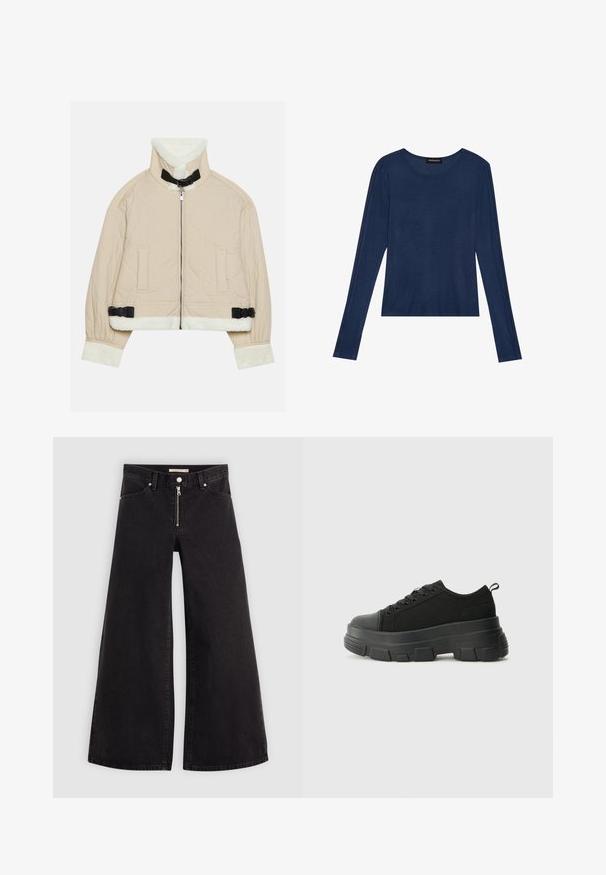 Quilted beige jacket with a soft, white fleece collar and cuffs, featuring a front zipper and black buckle accents. Two front pockets included.; Navy long-sleeve top in soft fabric, features a round neckline and flat seams along the sleeves, with a relaxed fit.; Wide-leg jeans in black denim with a zippered front, five-pocket design, and subtle stitching details. Smooth texture and casual style.; Black sneakers with a chunky rubber sole, textured fabric upper, round toe, and lace-up design. Features reinforced eyelets and back pull tab.