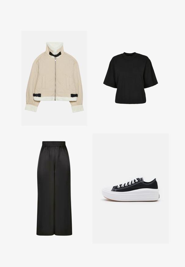 Gepatchte beige Jacke mit einem weichen, weißen Fleecekragen und -bündchen, ausgestattet mit einem Frontreißverschluss und schwarzen Schnallenakzenten. Zwei Fronttaschen sind enthalten.; Schwarzes, kurz geschnittenes T-Shirt aus Baumwolle. Hat kurze Ärmel und einen runden Halsausschnitt. Glatte Textur mit einem schlichten Design, ohne zusätzliche Muster.; Schwarze, weit geschnittene Hosen aus glattem, glänzendem Stoff mit elastischem Bund und ohne sichtbare Taschen oder Metallteile.; Schwarze Canvas-Sneaker mit weißen Schnürsenkeln, weißer Gummikappe und einer massiven weißen Zwischensohle. Besondere Merkmale sind dezente weiße Nähte und eine Gummisohle.