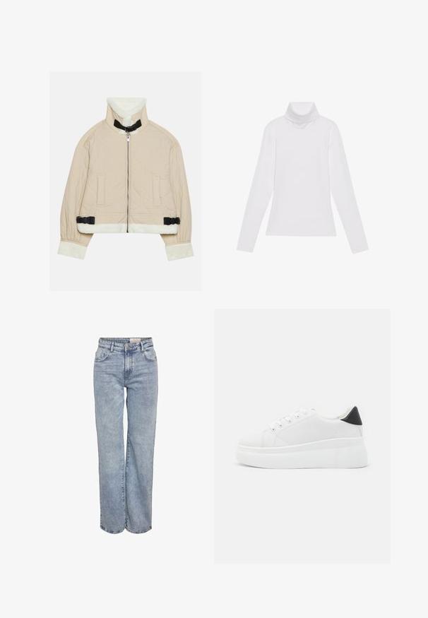 Vatteret beige jakke med en blød, hvid fleecekrave og manchetter, med en lynlås foran og sorte spændeaccentuer. To forlommer inkluderet.; Hvid langærmet turtle-neck top lavet af glat, strækbart stof. Har en høj krave og tætsiddende design, uden synlige mønstre eller udsmykninger.; Lyseblå vidde jeans lavet af denim, med høj talje, fem-lomme design og subtil falmning for et slidt look.; Hvide platform sneakers lavet af glat syntetisk materiale, med en afrundet tå, snørebåndsdesign og en struktureret gummisål. Sorte hæl akcent.