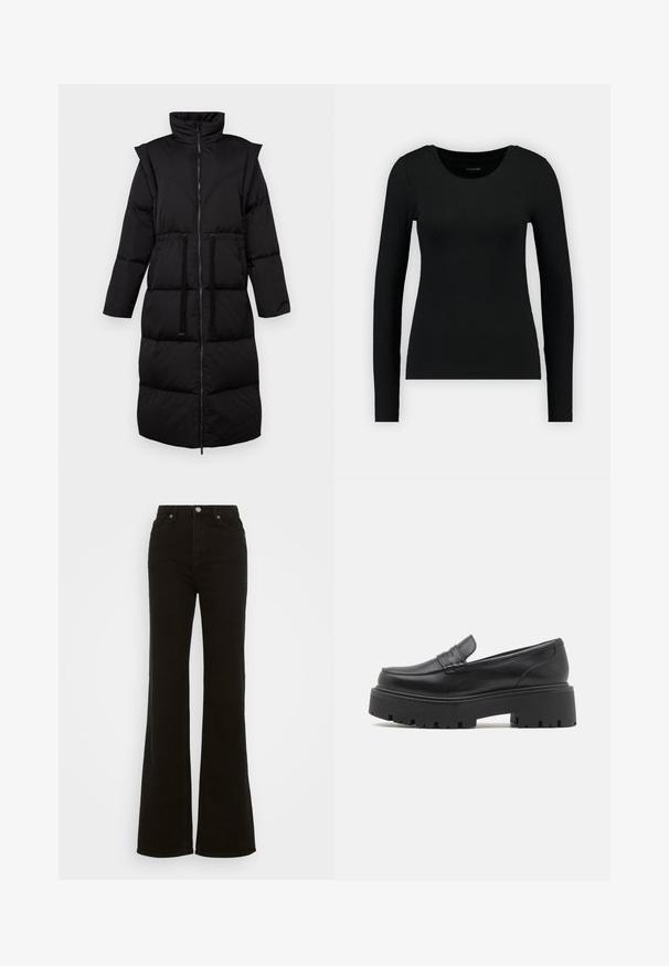 Abrigo acolchado negro con cuello alto, cremallera completa, cintura con cordón y patrón acolchado. Presenta mangas largas y un diseño de longitud media.; Camisa negra de manga larga hecha de tela acanalada. Presenta un escote redondo y una silueta ajustada. Diseño simple sin patrones ni acentos.; Vaqueros acampanados de tiro alto en negro, hechos de mezclilla, con cierre de botón, bolsillos laterales y una textura suave.; Mocasines de cuero negro con una suela de goma baja y gruesa, detalles de costura en la parte superior y una textura suave.