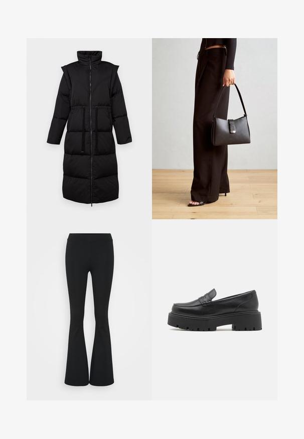 Melnā pūkainā jaka ar augstu apkakli, pilnu rāvējslēdzēju, savelkamu jostu un quiltotu rakstu. Tam ir garas piedurknes un vidēja garuma dizains.; Melnā garajumta krekls, kas izgatavots no ribota auduma. Tam ir apaļa kakla izgriezums un pieguļoša silueta. Vienkāršs dizains bez rakstiem vai akcentiem.; Melnas izplešanās bikses, izgatavotas no elastīga auduma, ar augstu vidukli un gludu tekstūru. Bikses izvēršas no ceļa.; Melnas ādas loafer kurpes ar zemu, masīvu gumijas zoli, uz augšas izšūtām detaļām un gludu tekstūru.; Melnā somiņa ar strukturētu formu, gludu tekstūru un metālu sprādzi. Saskaņota ar platām melnām biksēm un sandālēm ar atvērtu purngalu uz koka grīdas.