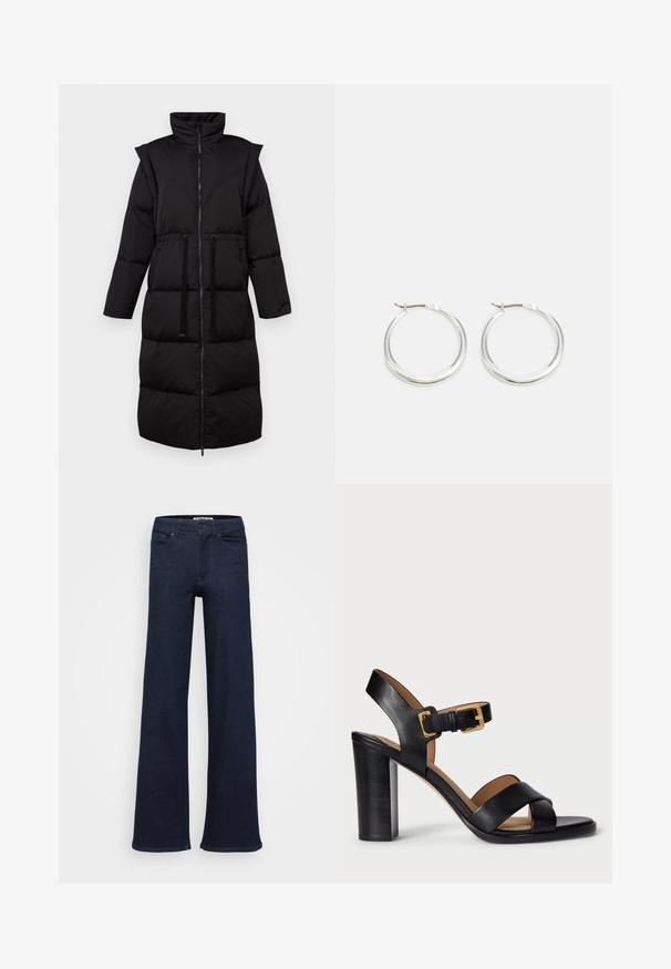 Zwarte pufferjas met hoge kraag, volledige rits, aantrekkoord in de taille en geblokt patroon. Beschikt over lange mouwen en een middellange snit.; Witte korte mouwen t-shirt van katoen. Heeft een ronde halslijn en een losse pasvorm, met een eenvoudig ontwerp en geen zichtbare patronen of accenten.; Donkerblauwe, wijde jeans van denim. Beschikt over een klassieke vijf-pocketontwerp, sluiting met voorste knoop en rechte naden.; Zwarte leren sandaaltjes met hak, voorzien van een kruisbandontwerp en een sluiting met gesp. Kenmerkt zich door een chunky hak en een gladde textuur.; Zilveren hoop oorbellen hebben een glad, rond ontwerp met een dun profiel en een veilige sluiting. Minimalistische stijl met een gepolijste afwerking.