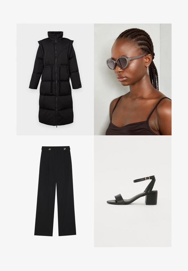 Fekete puffernadrág magas gallérral, teljes cipzárral, húzózsinórral ellátott derékkal és steppelt mintázattal. Hosszú ujjak és közepes hosszúságú kialakítás jellemzi.; Két hosszú ujjú felső, az egyik fekete, a másik fehér, mindkettő négyzet alakú nyakkivágással rendelkezik, és puha, rugalmas anyagból készült.; Fekete, bő szárú nadrág magas derékkal, gombos részletekkel a derékrészen és elülső pliszékkal.; Fekete magassarkú szandál sima bőr felső résszel, nyitott orral, széles elülső pántokkal és állítható bokapánttal, arany csat részlettel.; Szürke, oversized napszemüveg kerek formával és sötét lencsékkel. Sima felületű, elegáns műanyag keret. A modellen fonott haj van.