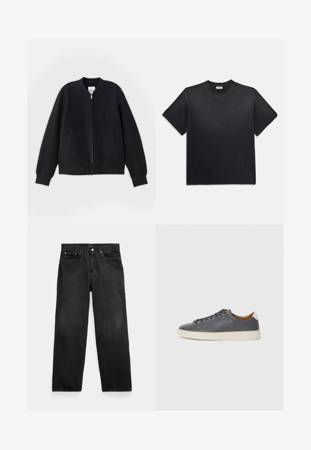 Čierna bomber bunda vyrobená z textúrovaného materiálu, so zapínaním na zips, pletenými manžetami a dvoma bočnými vreckami. Jednoduchý, minimalistický dizajn.; Čierne bavlnené tričko s okrúhlym výstrihom a krátkymi rukávmi. Má voľný strih, hladkú textúru a minimalistický dizajn.; Čierne džínsy z denimu s uvoľneným strihom, ktoré majú päť vreciek, gombíkový zapínanie a jemné vyblednutie po celom materiáli.; Sivé kožené tenisky s okrúhlou špičkou, gumovou podrážkou, plochými šnúrkami a svetlými akcentmi na päte. Hladká textura a minimalisticý dizajn.