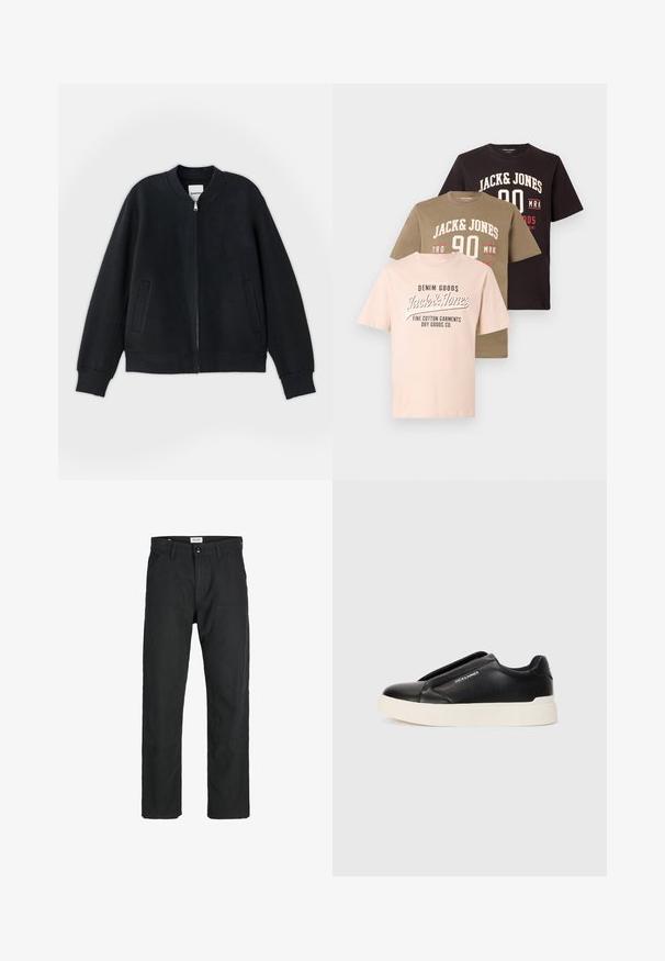 Schwarze Bomberjacke aus strukturiertem Stoff, mit Reißverschluss vorne, gerippten Bündchen und zwei Seitentaschen. Schlichtes, minimalistisches Design.; Drei gestapelte T-Shirts: hellrosa mit schwarzem Text, olivgrün mit weißen und roten Grafiken, dunkelbraun mit weißem Text. Aus Baumwollmaterial.; Schwarze Hosen aus strapazierfähigem Stoff, mit geradem Bein, genähten Akzenten und zwei vorderen Taschen für Funktionalität.; Schwarzer Schlupfschuh aus strukturiertem Lederobermaterial, mit weißer Gummisohle und ohne sichtbare Schnürsenkel. Mit Markenlogo an der Seite.