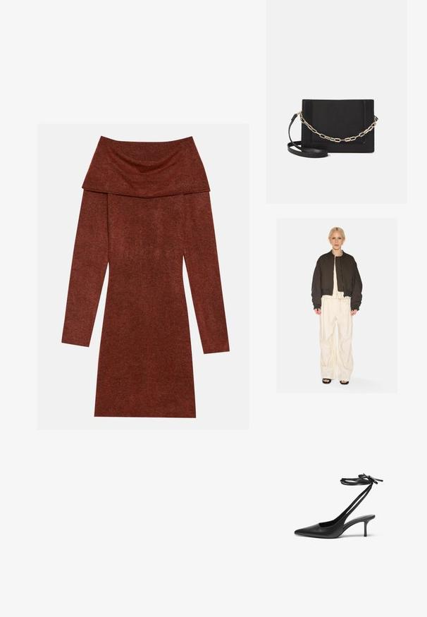 Hnedá skrátená bunda s prešívanou podšívkou a rebrovanými manžetami, skombinovaná s voľnými slonovinovými nohavicami so šnúrkou. Pozadie je biele.; Šaty s odhalenými ramenami a dlhými rukávmi v rustickej farbe; majú voľný výstrih s jemným textúrovaným povrchom.; Čierne kožené stiletto topánky s špicatou špičkou, otvorenou zadnou časťou a remienkami na členku viazanými do mašle. Úzky 3-palcový opätok. Hladká textura, minimalistický dizajn.; Čierna kožená crossbody taška s hladkou textúrou, obdĺžnikovým tvarom a kovovým reťazovým detailom na prednej strane. Súčasťou je nastaviteľný popruh.
