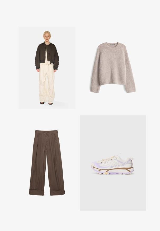 Braune kurze Jacke mit gestepptem Futter und gerippten Bündchen, kombiniert mit lockeren, elfenbeinfarbenen Hosen mit Kordelzug. Vor einem weißen Hintergrund.; Helles beige, flauschiges Strickpullover mit langen Ärmeln und Rundhalsausschnitt, flach auf einem weißen Hintergrund präsentiert.; Weißes T-Shirt mit kurzen Ärmeln, rundem Halsausschnitt, lockerer Passform und leicht abgerundetem Saum. Hergestellt aus einem glatten, weichen Stoff mit minimalen Nähten.; Braune weite Hosen aus Baumwolle mit Knopfverschluss, gefältelter Vorderseite und umgeschlagenen Säumen für einen entspannten Sitz.; Leichte Laufschuhe mit einem Obermaterial aus Creme- und Lavendel-Mesh, verstärkter Gummisohle und ausgeprägten Rillen für besseren Halt.