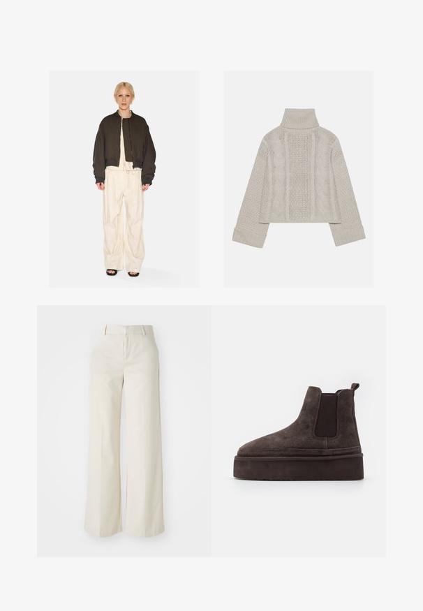Ruskea lyhyt takki, jossa on tikattu vuori ja ribatut hihansuut, yhdistettynä löysiin, norsunluunvärisiin housuihin, joissa on naru. Taustalla valkoinen tausta.; Lyhyt, vaaleanharmaa neulepusero korkealla kauluksella ja ribbireunuksilla, jossa on teksturoidut letkut kuvioita takana ja sivuilla.; Tilavat housut vaaleassa beigeissä sävyissä, valmistettu sileästä kankaasta. Ominaisuuksina klassinen vyötäröosa ja litteä etuosa, joissa on puhtaat linjat.; Kastanjanruske semiš Chelsea čizme s elastičnim bočnim panelima i debelim, teksturiranim platformom. Imaju petni trak za lakše obuvanje.