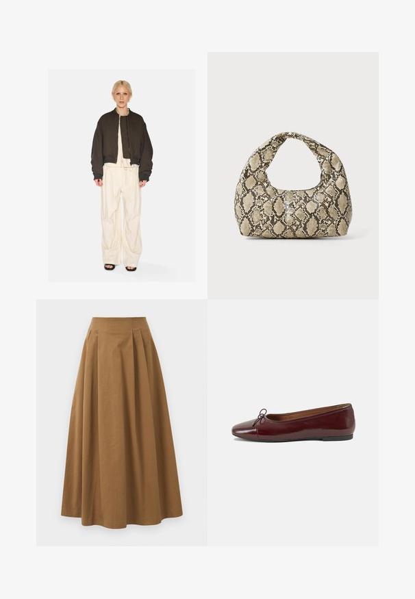 Jachetă maro scurtă, cu căptușeală matlasată și manșoane ribbate, asociată cu pantaloni ivoiri lejeri, cu șnur. Pe fundal alb.; Cămașă albă cu nasturi, confecționată din bumbac neted, având un guler clasic, mâneci lungi și un tiv curbat. Nasturii sunt mici și albi.; Fustă A-line din bumbac maro, cu talie înaltă, având pliseuri pe față și o textură netedă. Marginile sunt finisate curat și simplu.; Balerini din piele patent burgund cu vârful rotund, accent de fundiță mică în față și talpă joasă din cauciuc negru. Textură netedă.; Geantă cu imprimeu de șarpe, având un mâner curbat. Fabricată din materiale texturate, bej și maronii, cu un model distinctiv în formă de diamant.