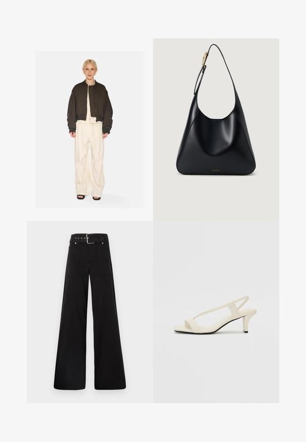 Bruine cropped jas met gevoerde voering en geribde manchetten, gecombineerd met losse ivoorkleurige broek met trekkoord. Geplaatst tegen een witte achtergrond.; Witte gecropte T-shirt, korte brede mouwen, zachte katoenmaterialen, ronde halslijn met subtiele oranje rand, minimalistisch ontwerp, geen patronen of graphics.; Zwarte wijde broek van katoen, met een hoge taille, grote zijzakken en een ceintuur met zilverkleurige accenten.; Beige blockhak sandalen met dunne bandjes en een vierkante neus. Glad materiaal met minimale details, ontworpen voor eenvoudig dragen.; Zwarte leren schoudertas met een gladde textuur, gebogen silhouet en een goudkleurige hardwareaccent. Beschikt over het reliëf logo van het merk aan de onderkant.