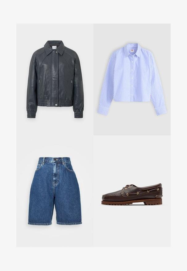 Donkergrijze leren jas met een kraag, ritszakken en elastische manchetten. Structuurovervlak met een licht kortere snit.; Gekorte button-up shirt met blauw-witte verticale strepen en een gestructureerde afwerking, spitse kraag en enkelvoudige knopen bij de manchetten.; Denim shorts met een hoge taille, in een donkerblauwe kleur. Kenmerken zijn de klassieke vijf-pocket stijl, rechte pasvorm en omgeslagen zoom. Van katoen.; Bruine leren bootsschoen met gouden oogjes, ronde veters en een gestructureerde bruine rubberen zool. Kenmerkt zich door gestikte details en een verhoogd logo.
