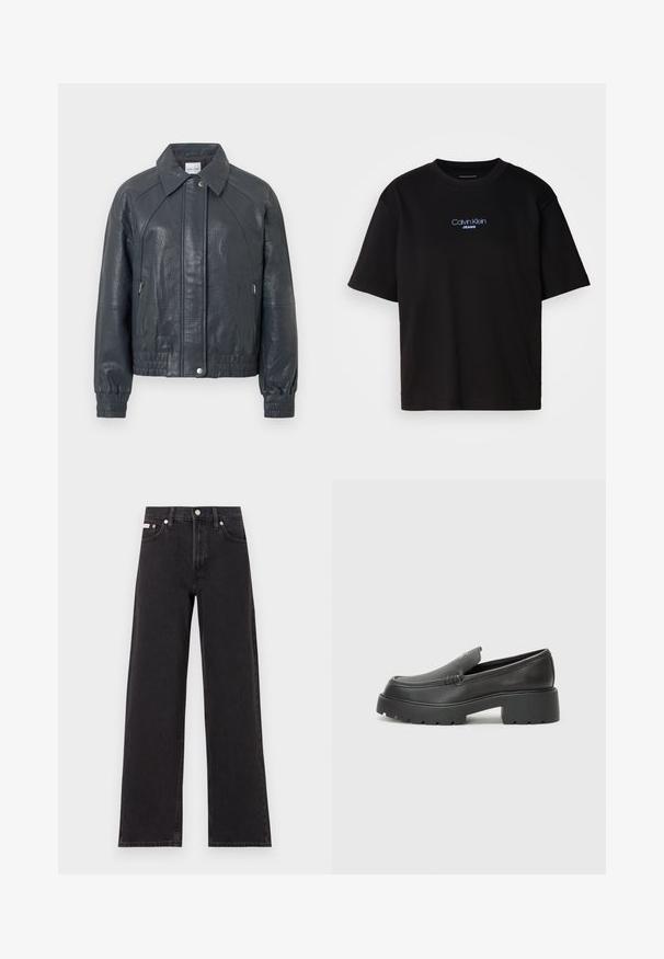 Dark gray leather jacket with a collar, zippered pockets, and elastic cuffs. Textured finish with a slightly cropped design.; Black cotton t-shirt with a round neck, short sleeves, and blue embroidered "Calvin Klein JEANS" logo on the front.; Black wide-leg jeans made of denim, featuring a high-rise waist, five-pocket styling, and a metal button closure with contrasting stitching.; Black leather loafers with a rounded toe, thick textured sole, and minimal stitching details. Sleek design with no visible laces or hardware.