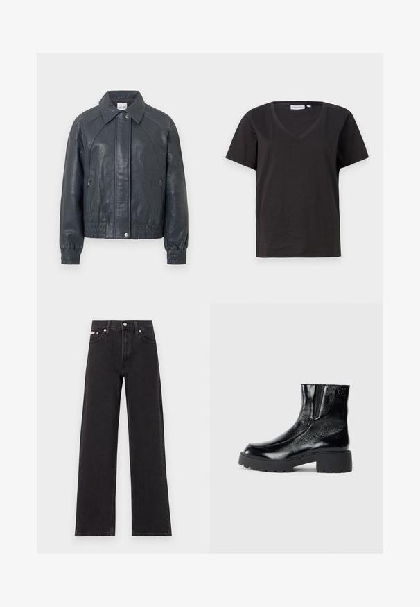 Casaco de couro cinzento escuro com gola, bolsos com fecho de correr e punhos elásticos. Acabamento texturizado com um design ligeiramente curto.; T-shirt de algodão preto com decote em V e mangas curtas. Design simples com um corte regular e sem padrões ou detalhes.; Jeans de perna larga pretos feitos de denim, apresentando uma cintura alta, estilo de cinco bolsos e um fecho em botão de metal com costura contrastante.; Botas de tornozelo pretas com acabamento em pele envernizada brilhante, sola de borracha preta robusta e salto elevado; inclui um detalhe discreto do logótipo na lateral.
