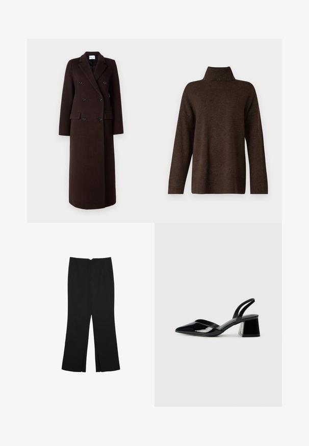 Samsøe Samsøe Klasický kabát - mole; Hnedý pletený sveter s vysokým rebrovaným golierom, širokými rukávmi a jemnou textúrou. Má voľný strih a rebrované detaily na rukávoch.; Čierne nohavice so strihom rovného strihu, s prednými vreckami a bočnými rozparkami na leme. Vyrobené z mäkkej, hladkej tkaniny. Vhodné na rôzne príležitosti.; Čierne lakované kožené sandálové podpätky s špicatou špičkou a geometrickým blokovým podpätkom. Disponujú elegantným, minimalistickým dizajnom a hladkým povrchom.