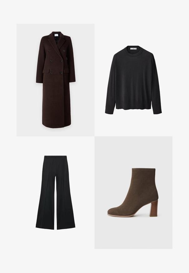 Samsøe Samsøe Mantel - mole; Zwarte gebreide trui met een ribbelkraag, lange mouwen en een rechte zoom. Zachte textuur, minimalistisch ontwerp en veelzijdige stijl.; Zwarte wijde-pijpen broek met een gladde textuur, gekenmerkt door voorplooien en een op maat gemaakte uitstraling. De stof is lichtgewicht en vloeiend.; Bruine suède enkellaars met een ronde neus en een gestapelde, gestructureerde hak. Glad exterieur zonder zichtbare sluitingen of versieringen.