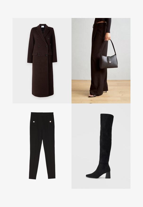Samsøe Samsøe Cappotto classico - mole; Maglia a maniche lunghe a collo alto marrone realizzata in morbido tessuto lavorato a maglia. Presenta una silhouette aderente e dettagli di cucitura minimali.; Pantaloni neri su misura con una texture liscia, dotati di due tasche frontali con accenti di hardware decorativo e un design slim-fit.; Stivale in suede nero alto fino al ginocchio con tacco a blocco, punta affusolata e design liscio e senza cuciture su uno sfondo chiaro e semplice.; Borsa nera con forma strutturata, texture liscia e una chiusura metallica. Abbinata a pantaloni neri larghi e sandali open-toe su un pavimento in legno.