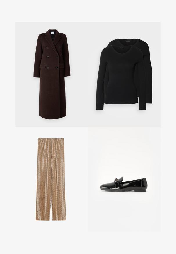 Samsøe Samsøe Klasični plašč - mole; Dve črne majice z dolgimi rokavi in V-izrezom, narejene iz mehkega in raztegljivega materiala, ki prikazuje gladko teksturo in prilegnjeno obliko.; Svetlo rjave plisirane hlače iz sjajnega materiala, z teksturiranim zigzag vzorcem in elastičnim pasom za udobje.; Črne lakirane usnjene loaferske čevlje s ravnim podplatom, zaobljenim nosom in dekorativnim pasom z zlatim naglasom. Gladek, sijoč poljšček.