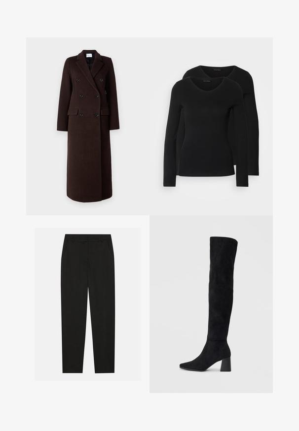 Samsøe Samsøe Classic coat - mole; Two black long-sleeve shirts with a V-neck design, made of soft, stretchy fabric, showing smooth texture and a fitted shape.; Black trousers with a tailored design, featuring side pockets and a straight leg. Made from smooth, lightweight fabric with a sleek finish.; Black suede knee-high boot with block heel, pointed toe, and smooth, seamless design on a plain light background.
