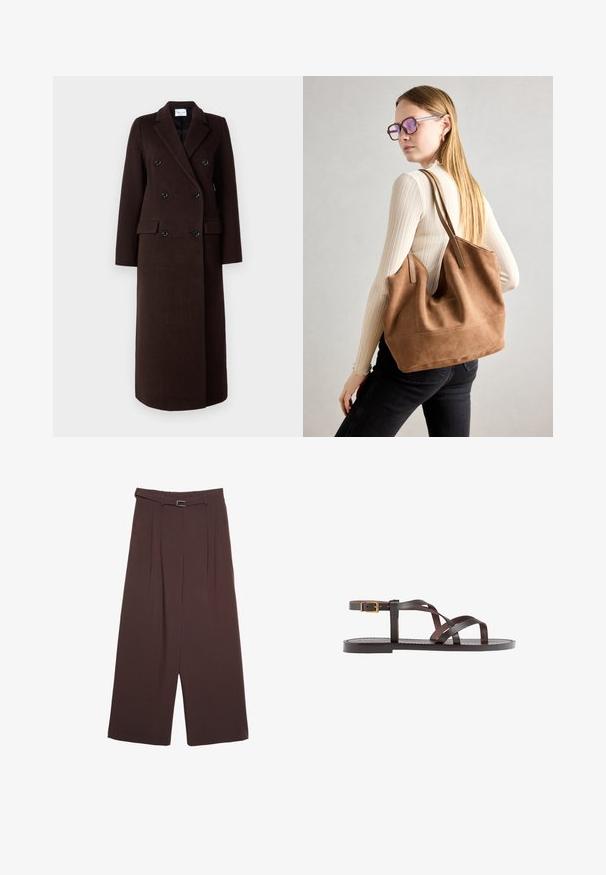 Samsøe Samsøe Klassisk frakke - mole; Brun kortærmet t-shirt lavet af blødt stof, med rund halsudskæring og afslappet pasform. Ingen synlige mønstre eller detaljer.; Stradivarius WIDE-LEG WITH BUCKLE DETAIL - Bukser - dark brown; Brune lædersandal med krydsende stropper, ankelspænde og en flad sål med minimale syninger.; Brun ruskind tote taske med blød tekstur, stor åbning og lange stropper. Har et enkelt design med synlige syninger og ingen hardware.