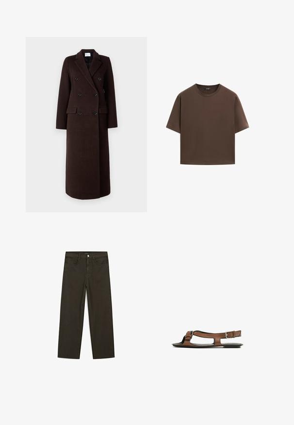 Samsøe Samsøe Cappotto classico - mole; T-shirt in cotone marrone, maniche corte, collo a giro, vestibilità abbastanza ampia, texture liscia, design minimalista, senza motivi o dettagli visibili.; Jeans a gamba larga di colore verde scuro, realizzati in tessuto misto cotone, dotati di chiusura con bottone frontale, cinque tasche e cuciture classiche in denim.; Sandal in pelle marrone con punta aperta e ritagli laterali. Presenta una fascia alla caviglia con una fibbia metallica e una suola piatta.
