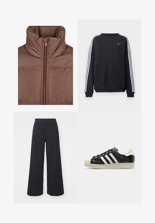 Bruine pufferjack met hoge kraag, voorzien van een rits aan de voorkant en een gestikte textuur. Gladde, matte stof met tonale stikdetails.; Zwarte sweatshirt met lange mouwen, witte strepen langs elke arm en een klein grijs logo op de borst. Gemaakt van katoen, casual pasvorm.; Zwarte wijde sweatpants gemaakt van zachte stof, met een elastische tailleband en een klein logo aan de linkerkant.; Zwarte leren sneaker met witte strepen, rubberen teenbescherming, zwarte veters en een crèmekleurige loopzool. Glad oppervlak met een glanzende afwerking.