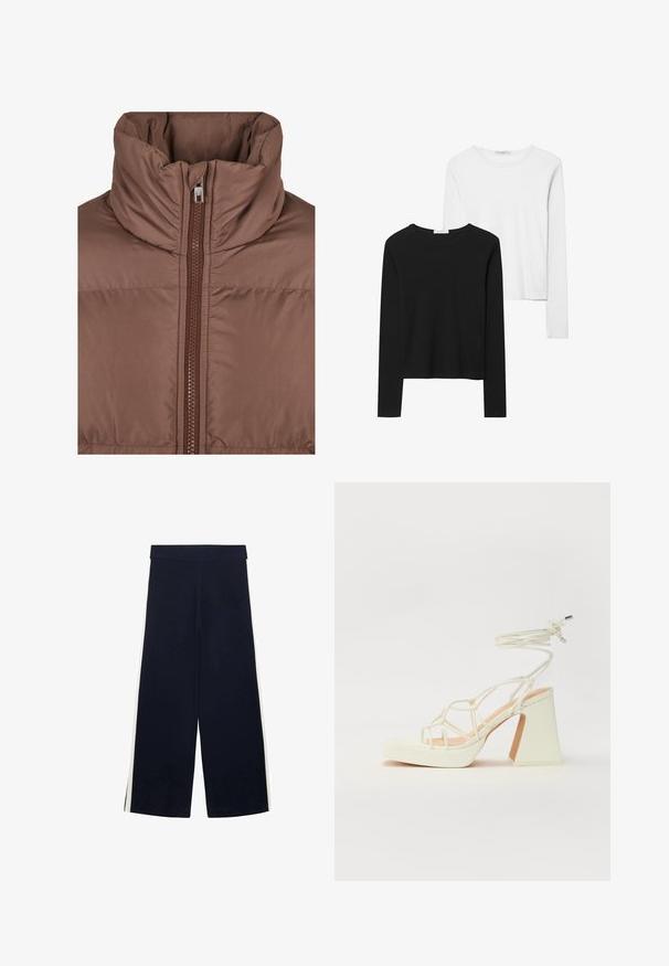 Ruskea puffatakki korkealla kauluksella, jossa on etuvetoketju ja tikattu pinta. Suuri, matta kangas, jossa on sävyyn säädetyt ompeluyksityiskohdat.; Musta ja valkoinen pitkähihainen t-paita, jossa on pyöreät kaula-aukot, pehmeä kangas ja vartalonmyötäinen muotoilu suorin helmoin.; Tummansinisiä leveälahkeisia housuja, joissa on korkea vyötärö ja valkoiset sivunauhat, asetettuna litteäksi valkoisen taustan päälle.; Valkoinen korkokenkä, jossa on paksu korko, ja joka sisältää nauhakiinnityksen ja nilkkaketjun. Sujuva pinta, jossa on platform-etupohja lisäkorkeutta varten.