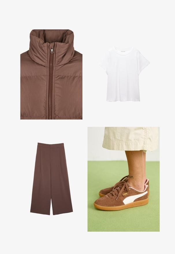 Brun pufferjakke med høj krave, der har en frontlynlås og kviltet tekstur. Glat, mat stof med tonale syninger.; Hvid T-shirt lavet af blødt, let stof. Har en rund halsudskæring og korte, brede ærmer med en afslappet pasform. Ingen synlige mønstre.; Brune bredbunde bukser med en glat tekstur, der har høj talje og plisseringer foran. Stoffet er let og falder løst.; Brune ruskinds sneakers med hvit detalje, gummisole og lyserød hæl. Snørebånd og branding detaljer synlige. Enktattoo delvist synlig.