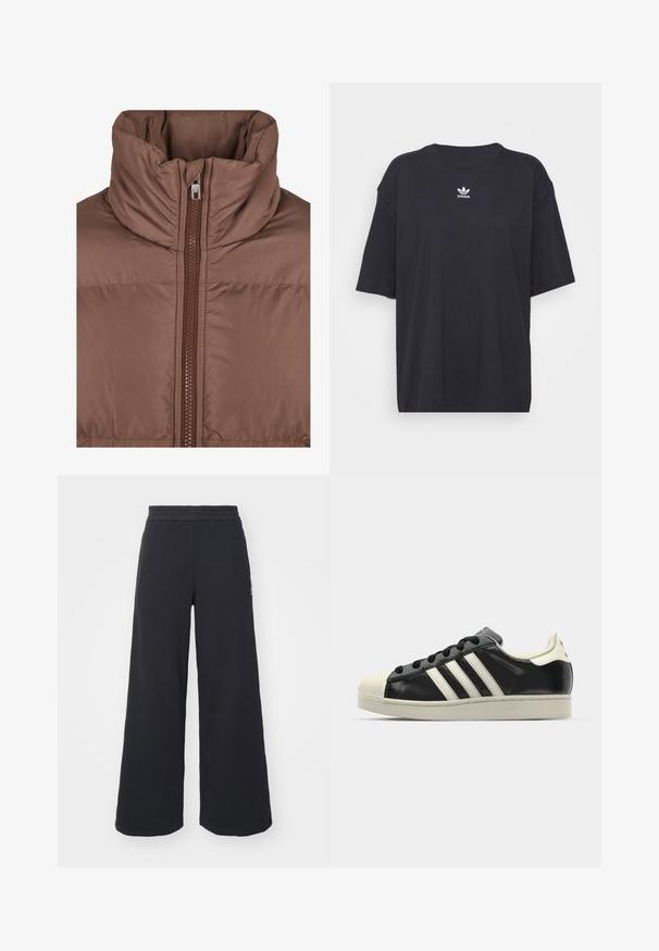 Braune Puffjacke mit hohem Kragen, ausgestattet mit einem Reißverschluss vorne und gestepptem Design. Glattes, mattes Material mit tonalen Nähdetails.; Schwarzes Baumwoll-T-Shirt mit kurzen Ärmeln, rundem Halsausschnitt, mit einem weißen Adidas-Logo auf der Brust. Einfaches Design, lockere Passform.; Schwarze weite Sweatpants aus weichem Material, mit einem elastischen Taillenbund und einem kleinen Logo auf der linken Seite.; Schwarze Ledersneaker mit weißen Streifen, Gummikappe, schwarzen Schnürsenkeln und einer cremefarbenen Sohle. Glatte Textur mit glänzender Oberfläche.