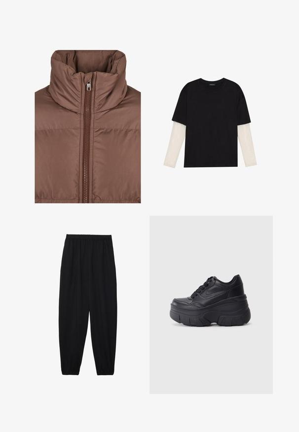 Smeđi puffer kaput s visokim ovratnikom, koji ima prednje zatvaranje na zip i kviltanu teksturu. Glatka, mat tkanina s toniranim detaljima šivanja.; Crni majica od pamuka, s kratkim rukavima preko bijele dugorukave slojevite s suptilnim teksturiranim uzorkom. Dizajn s okruglim izrezom.; Crne, lagane hlače s elastičnom stražnjom pasicom i naboranim gležnjevima. Tkanina je glatka i ima opušteni, suženi dizajn.; Crne tenisice na vezanje s debelim potplatom, koje imaju glatku kožnu gornju stranu, zaobljeni vrh i izražen slojeviti dizajn platforme.