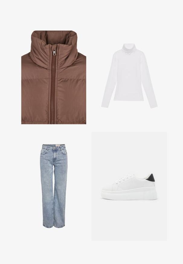 Brun pufferjakke med høj krave, der har en frontlynlås og kviltet tekstur. Glat, mat stof med tonale syninger.; Hvid langærmet turtle-neck top lavet af glat, strækbart stof. Har en høj krave og tætsiddende design, uden synlige mønstre eller udsmykninger.; Lyseblå vidde jeans lavet af denim, med høj talje, fem-lomme design og subtil falmning for et slidt look.; Hvide platform sneakers lavet af glat syntetisk materiale, med en afrundet tå, snørebåndsdesign og en struktureret gummisål. Sorte hæl akcent.