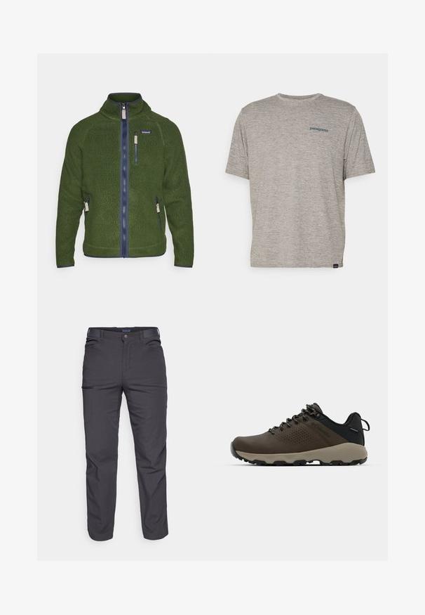 Patagonia RETRO - Fliisjakk - pinie; Hall tootega hall T-särk lühikeste varrukatega, pehmest tekstuuriga kangast, millel on vasakul rinnal väike sinine Patagonia logo. Täiendavaid mustreid pole.; Tumed hallid püksid, mis on valmistatud vastupidavast kangast, varustatud lukuga tasku, sirge lõikega ja vööaasadega, et sobivust kohandada.; Kohandatud veekindlad pruunid spordijalatsid tekstuuriga pealisega, perforatsioonidega detailid, must kandetoetav osa ja hall kummine sisetald. Paelad on metallist otstega.