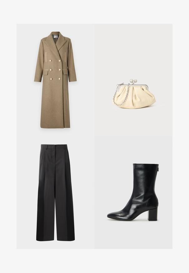 Paul & Joe MANTEAU - Klassisk frakke - beige; Sort turtleneck sweater lavet af blødt stof. Har lange ærmer, en høj hals, og ribbede manchetter og kant for et stramt look.; Sort brede bukser med høj talje, med folder foran, en glat tekstur og en skræddermæssig finish. Designet til en afslappet pasform.; Sorte læder ankelstøvler med spids tå og 4 cm blokhæl. Det slanke design har en sidelukning for nem påtagning. Glat tekstur.; Plisseret beige læderclutch med en sølvmetalramme, der har to runde dekorative låse og en sølvkædetrasporte.