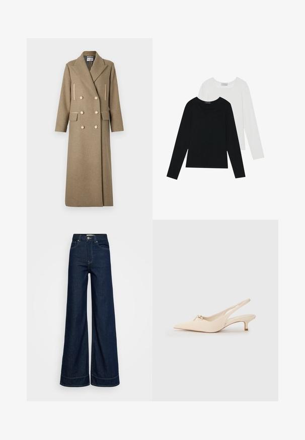 Paul & Joe MANTEAU - Klasický kabát - beige; Dvoje dlhých rukávov, jedny čierne a jedny biele, s hranatým výstrihom a vyrobené z mäkkého, elastického materiálu.; Tmavomodré vysoké široké nohavice s vreckami vpredu, s pútkami na opasok, zapínaním na gombík a viditeľným šitím na bielom pozadí.; Súkne s pootočeným prstom v off-white koži, s malou mašľou a nízkym kitten podpätkom. Hladká textúra, minimalistický dizajn.