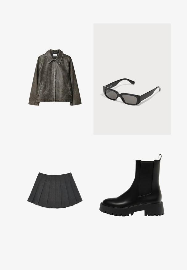 Giacca in pelle sintetica marrone con un grande colletto, chiusura con zip, due tasche laterali e dettagli di cucitura a contrasto.; Maglione lavorato a maglia in grigio scuro con una vestibilità over-size, caratterizzato da un motivo geometrico in crema composto da cerchi e rettangoli. Design con collo alto.; Gonna plissettata in grigio scuro, realizzata in un tessuto testurizzato. Presenta un silhouette svasata con pieghe uniformemente distanziate e una vita piatta.; Stivale alla caviglia in pelle nera con pannello laterale testurizzato, punta tonda e suola platform spessa con motivo a zigzag.; Occhiali da sole rettangolari neri con lenti grigie, realizzati in plastica liscia. Presentano un design minimalista con steli dritti e un branding discreto.; Borsa hobo in pelle nera con design morbido, ampia tracolla e texture liscia. Presenta una chiusura con zip laterale.