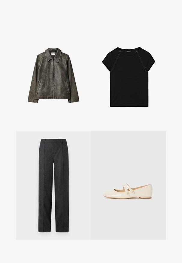 Giacca in pelle sintetica marrone con un grande colletto, chiusura con zip, due tasche laterali e dettagli di cucitura a contrasto.; Top nero a maniche corte con scollatura rotonda e cuciture bianche in contrasto lungo le spalle e i lati. Tessuto morbido e liscio.; Pantaloni tailored grigio scuro con design a gamba dritta, tessuto testurizzato e sottili venature. Presentano un davanti piatto e passanti per cintura.; Ballerine in pelle verniciata avorio con due cinturini decorativi e bottoni dorati, caratterizzate da una punta arrotondata e un tacco basso a blocco.