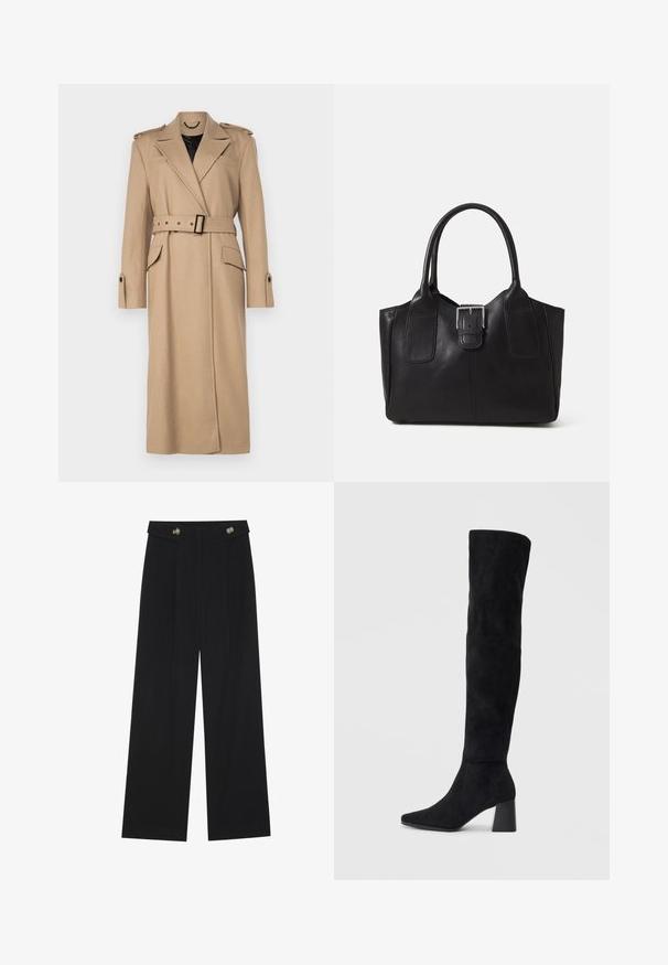 Beež pikk villane mantel, laia kraega, vööga, küljetaskute ja õlavarre epaulettidega. Sile tekstuur, struktureeritud disain.; Musthave musta T-särk, millel on soonikkoes, ümmargune kaelus valgete laineliste äärtega ja lühikesed varrukad sama laineliste detailidega.; Mustad laiad püksid kõrge vöökoha ja nööpdetailidega vööandil, esikortsudega.; Must must ümberpööratud musta nahast põlve kõrgune saapad blokknõelaga, terava varbaga ja sujuva, õmblusteta disainiga, asetatud heledale taustale.; Mustgamma nahast kott, millel on sile tekstuur, struktureeritud kuju, kaks käepidet ja esiküljel silmapaistev hõbedane pandla detail.