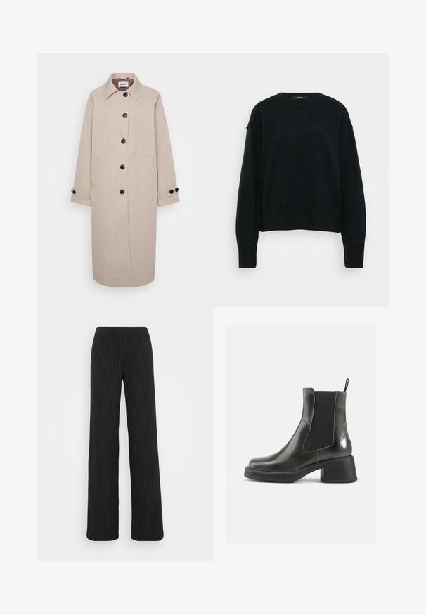 Casaco trench bege com colarinho, botões pretos, dois bolsos laterais e punhos enrolados. Feito de tecido leve com uma textura suave.; Suéter de malha preta com decote redondo, ombros caídos e mangas longas. Apresenta um tecido texturizado e um corte cropped.; Vero Moda Tall VMBERLIN MY WIDE - Calças - obsidian/oatmeal; Botas de tornozelo em couro negro com um acabamento liso, painéis laterais elásticos e um salto robusto. Apresentam uma alça na parte de trás para facilitar o calçar.