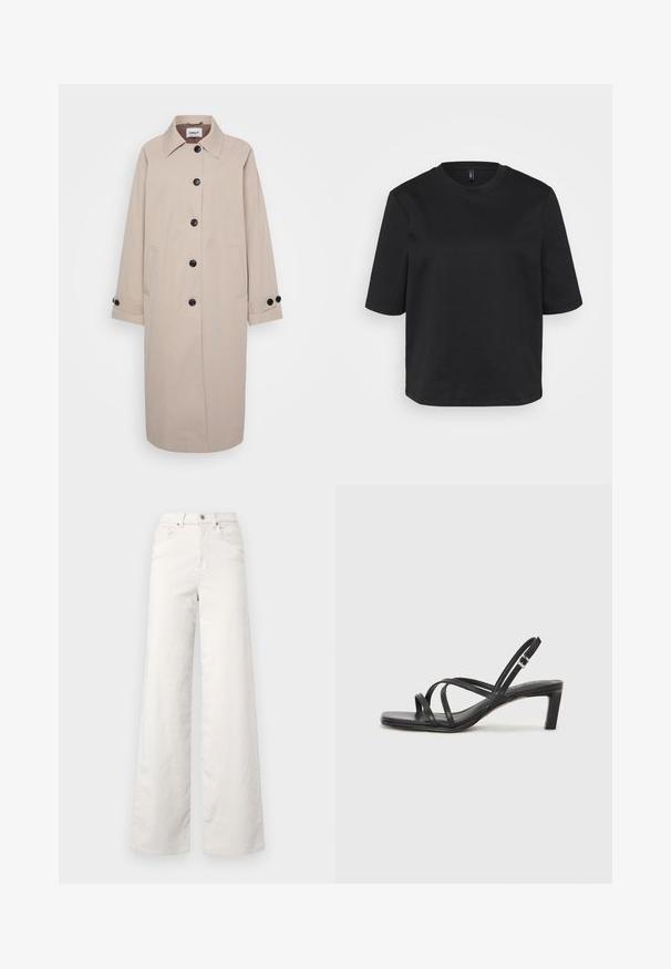 Beige Trenchcoat mit Kragen, schwarzen Knöpfen, zwei Seitentaschen und hochgerollten Manschetten. Hergestellt aus leichtem Stoff mit weicher Textur.; Schwarzes Rundhals-T-Shirt aus Baumwolle, mit kurzen Ärmeln und lockerer Passform. Glatte Textur ohne sichtbare Muster oder Akzente.; ONLY Tall ONLHOPE GLOBAL HIGH WAIST WIDE - Stoffhose - pumice stone; Schwarze Sandale mit Riemchen, quadratischer Zehenform und niedrigem Blockabsatz. Verfügt über mehrere dünne Riemen und einen verstellbaren Knöchelriemen. Hergestellt aus glattem Leder.
