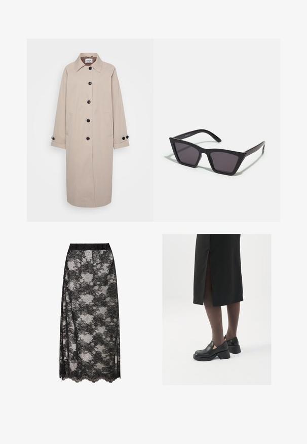 Beige trench coat with a collar, black buttons, two side pockets, and rolled cuffs. Made from lightweight fabric with a smooth texture.; Black ribbed turtleneck top, short sleeves, form-fitting design, soft texture, minimal seams, and a high collar.; Black lace skirt with a scalloped hem, featuring a floral pattern and sheer texture. Elastic waistband for comfortable wear.; Black leather shoes with a rounded toe, thick block heel, and elastic side accents, paired with dark tights and a black skirt with a slit.; Black, angular sunglasses with gray lenses; made of plastic, featuring thick arms with a smooth surface and no visible hardware.