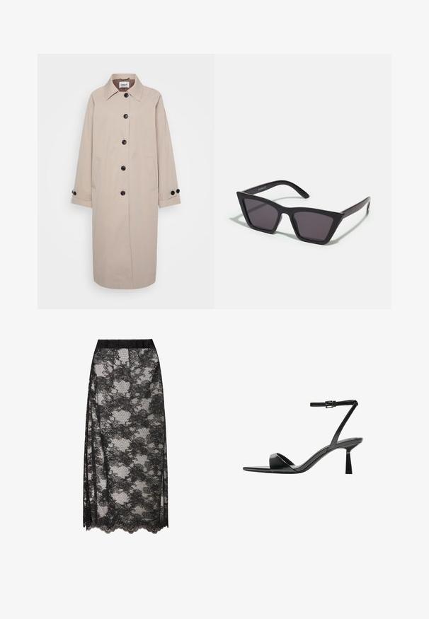 Bežični trench kaput s ovratnikom, crnim gumbima, dva bočna džepa i zavrnutim manžetama. Napravljen od lagane tkanine s glatkom teksturom.; Crna rebrasta majica s visokim ovratnikom, kratki rukavi, oblikovani kroj, mekana tekstura, minimalni šavovi.; Crna čipkasta suknja s valovitim rubom, s cvjetnim uzorkom i prozirnom teksturom. Elastična pojas za udobno nošenje.; Bershka Sandale s visokom petom - black; Crne, uglaste sunčane naočale sa sivoj lećama; izrađene od plastike, imaju debele nogice s glatkom površinom i bez vidljivih metalnih dijelova.; Crna kožna torba s zaobljenim, konturiranim oblikom, koja ima zatvaranje na zlatnu bravu i jednu podesivu trakicu. Glatka tekstura.