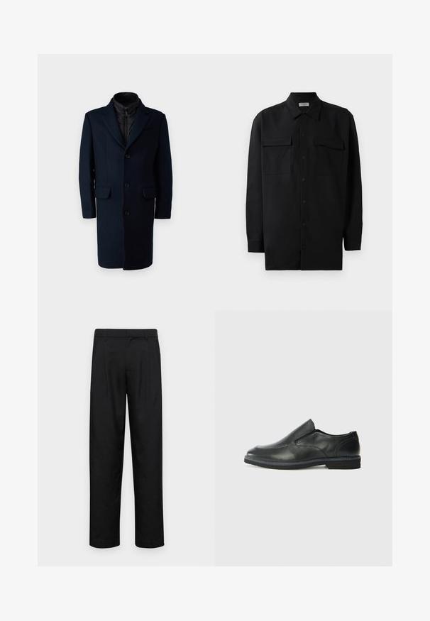 Selected Homme SLHNEW JOSEPH - Kort kåpe / frakk - sky captain; Svart skjorte med knapper laget av glatt stoff, med klassisk krage, to frontlommer og lange ermer med knappe mansjetter.; Sorte bukser laget av glatt stoff, med rette ben, to frontfoldninger og standard liv med beltehemper.; Sorte skinn slip-on sko med en jevn overflate, stikking detaljer, rund tå og en lav gummihæl. Sålen har minimal mønstring.