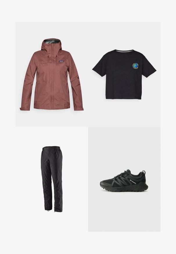 Pika roosa veekindel jakk pikkade varrukatega, kapuutsiga, esi tõmblukuga ja Patagonia logo vasakul rinnal.; Must musta lühikeste varrukatega T-särk, millel on rinnal ringikujuline mitmevärviline logo. Otse lõpp ja mugav lõige.; Mustavad veekindlad püksid elastse vöökoha, külgmiste tõmblukkude, kitsenevate säärejate ja sileda tekstuuriga. Sobivad välistingimustes tegevuseks.; Columbia PEAKFREAK - Matkajalatsid - black