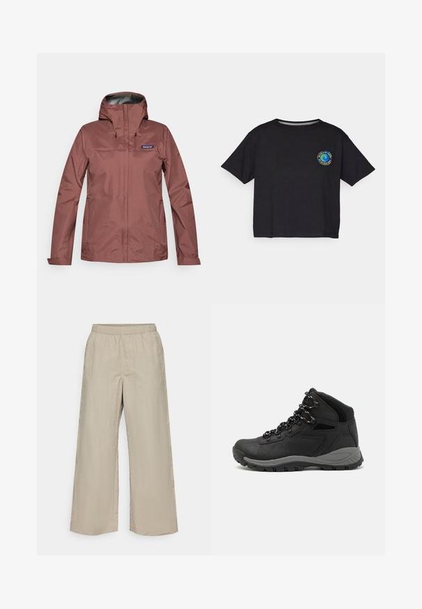 Chaqueta impermeable de manga larga color rosa empolvado con capucha, cremallera frontal y logo de Patagonia en el lado izquierdo del pecho.; Camiseta de algodón negra de manga corta con un logo multicolor circular en el pecho. Dobladillo recto y corte relajado.; Pantalones de pierna ancha en tela beige clara con una cinturilla elástica, textura suave y sin herrajes ni patrones visibles.; Bota de senderismo negra con un diseño de medio caña, que cuenta con una parte superior texturizada, acentos grises y una suela de goma duradera con tacos de tracción.