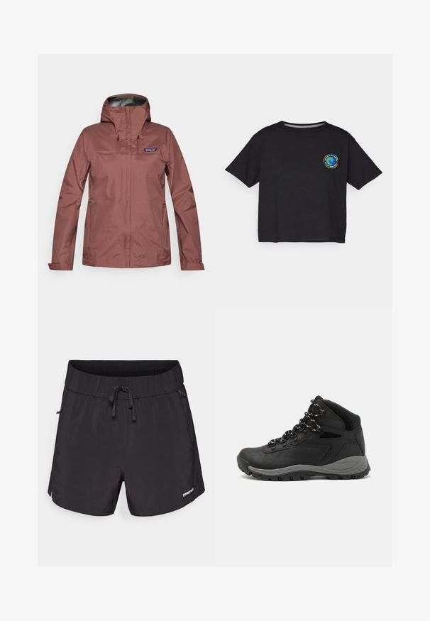 Langermet støvrose vanntett jakke med hette, frontglidelås og Patagonia-logo på venstre bryst.; Svart bomull T-skjorte med kort erm som har en sirkulær, flerfarget logo på brystet. Rett kant og avslappet passform.; Sorte svømmedrakter laget av lett materiale, med elastisk midje, snøring og sidelommer for funksjonalitet.; Sorte turstøvler med mid-topp design, som har en teksturert overdel, grå detaljer og slitesterk gummisåle med godt grep.
