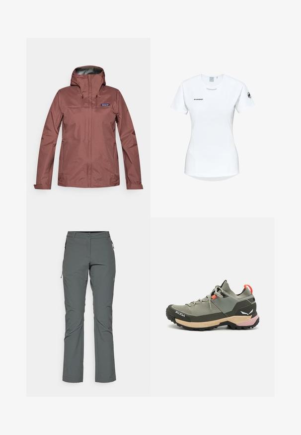 Langärmlige wasserfeste Jacke in staubigem Rosé mit Kapuze, Frontreißverschluss und Patagonia-Logo auf der linken Brust.; Kurzärmliges weißes Sportshirt mit Rundhalsausschnitt, das ein Logo auf der Brust und eine glatte, leichte Stofftextur aufweist.; Grau outdoor Hosen aus leichtem, strukturiertem Stoff; verfügen über Reißverschlusstaschen und ein enges Design mit geradem Schnitt.; Leichter grüner Wanderschuh aus Mesh und Gummi, mit schwarzem Profilsohle, rosa und orangefarbenen Akzenten sowie verstärkter Zehenkappe.